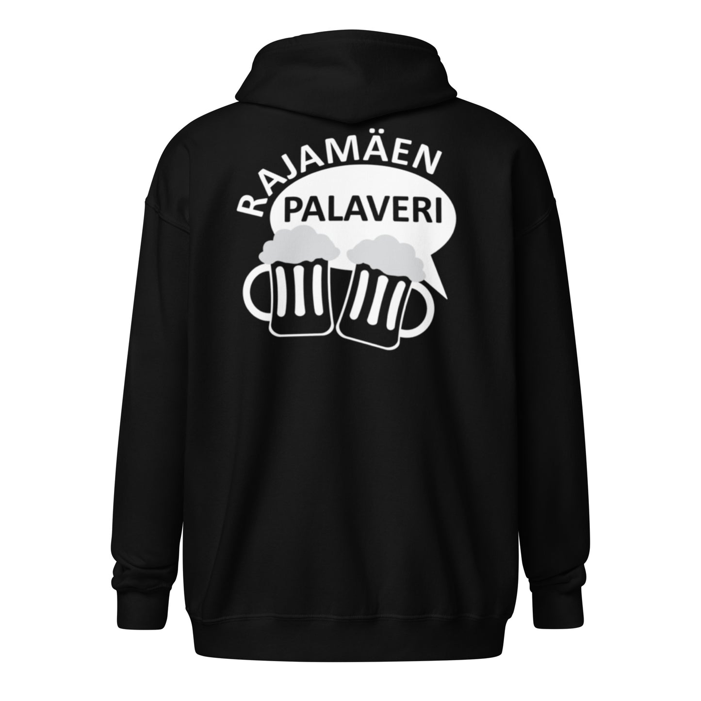 „Rajamäken Palaveri“ Unisex-Hoodie mit Reißverschluss (Brust + Rücken)