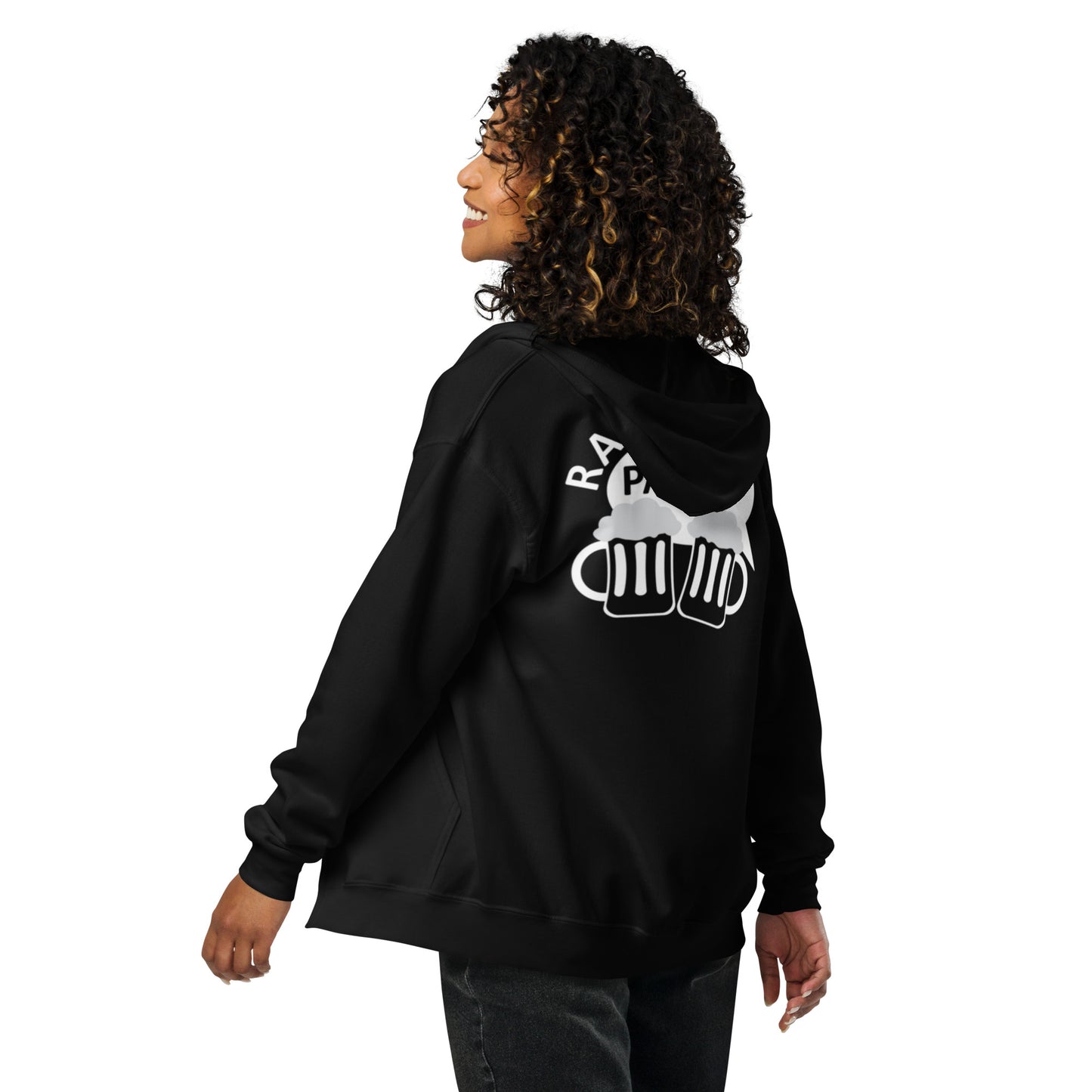 „Rajamäken Palaveri“ Unisex-Hoodie mit Reißverschluss (Brust + Rücken)