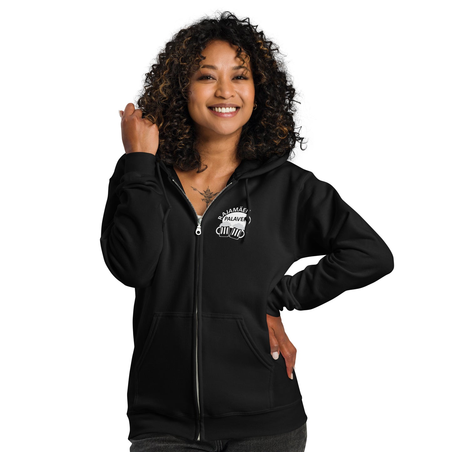 „Rajamäken Palaveri“ Unisex-Hoodie mit Reißverschluss (Brust + Rücken)