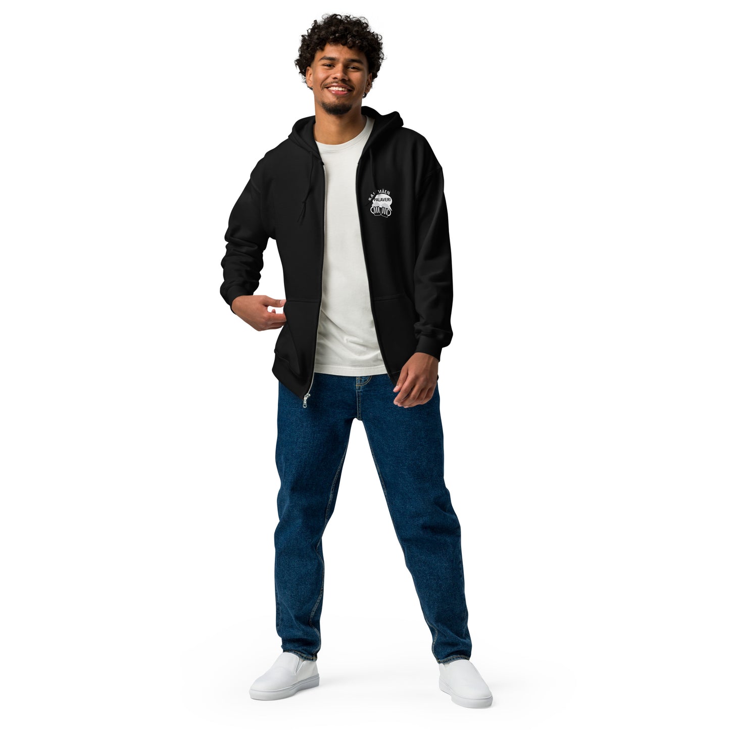 „Rajamäken Palaveri“ Unisex-Hoodie mit Reißverschluss (Brust + Rücken)