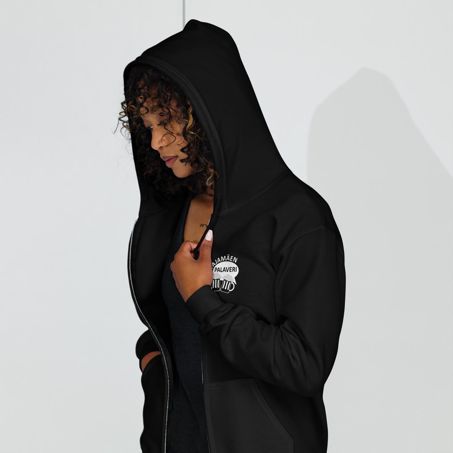 „Rajamäken Palaveri“ Unisex-Hoodie mit Reißverschluss (Brust + Rücken)