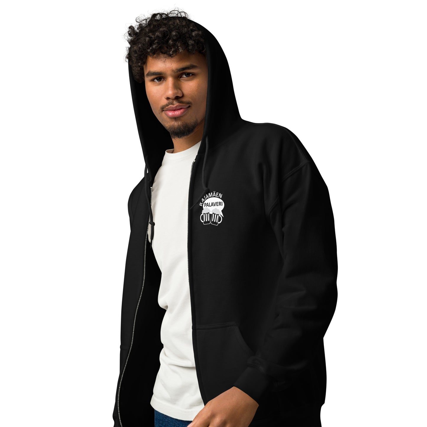 „Rajamäken Palaveri“ Unisex-Hoodie mit Reißverschluss (Brust + Rücken)