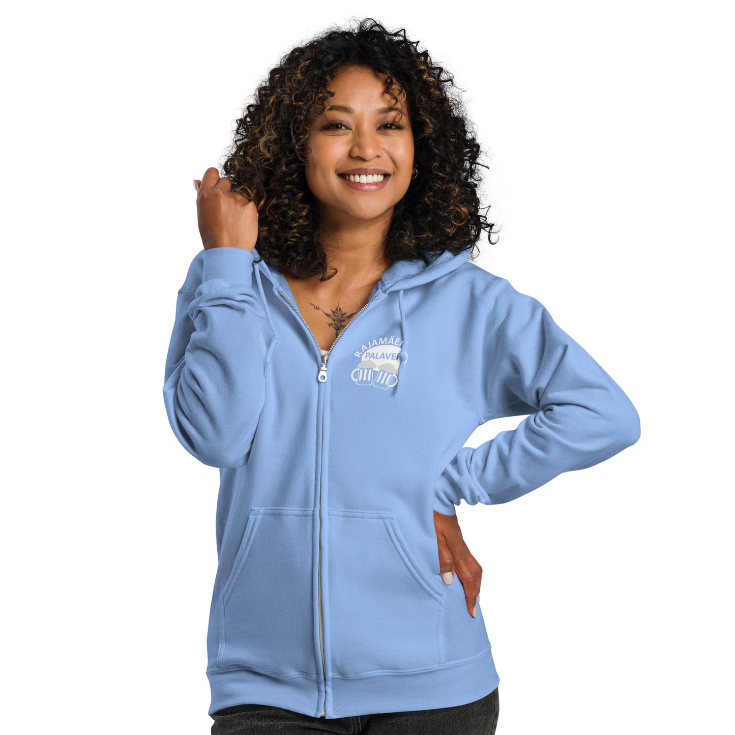 „Rajamäken Palaveri“ Unisex-Hoodie mit Reißverschluss (Brust + Rücken)