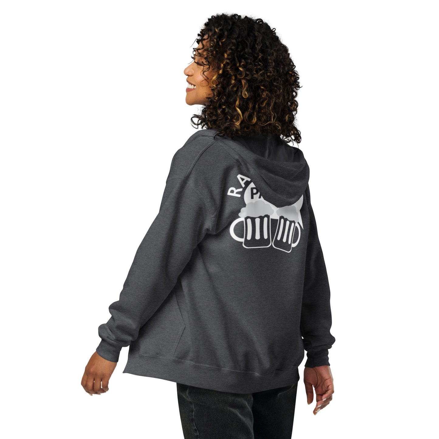 „Rajamäken Palaveri“ Unisex-Hoodie mit Reißverschluss (Brust + Rücken)