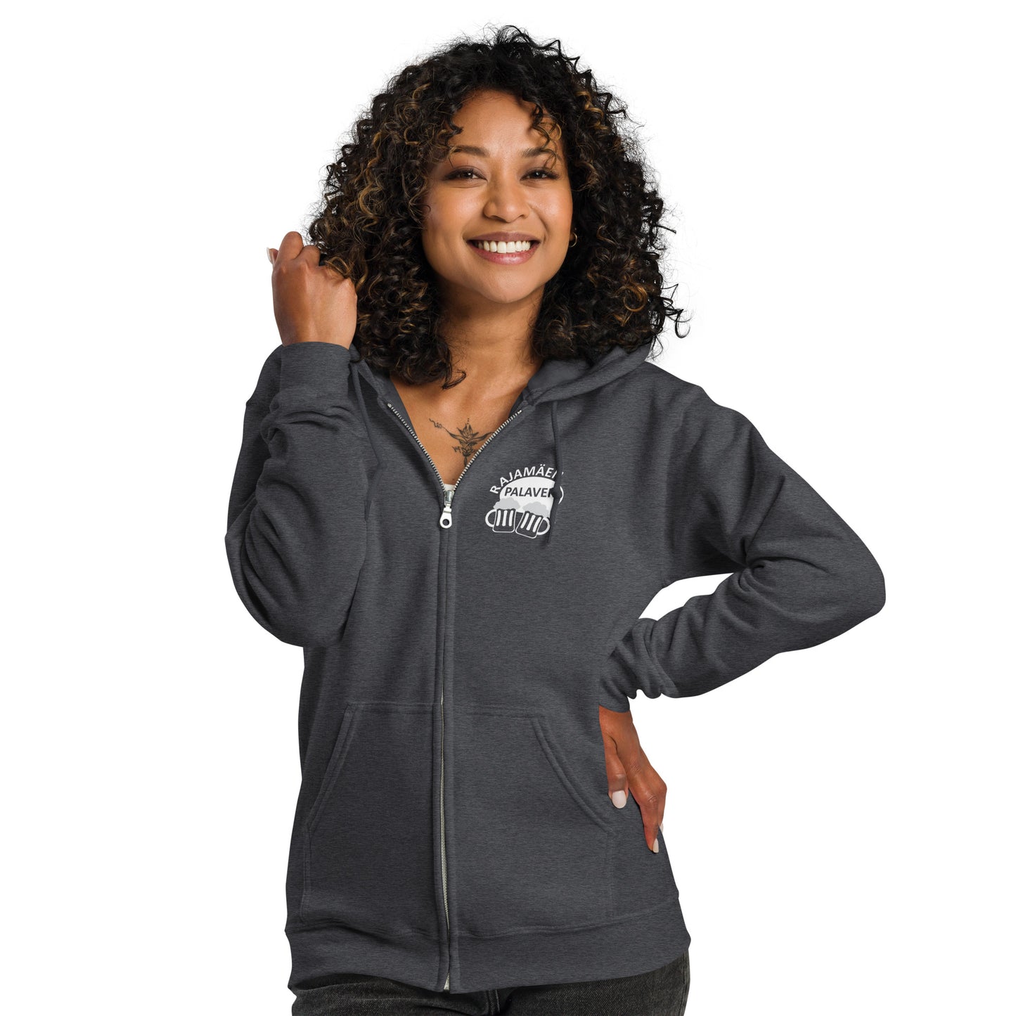 „Rajamäken Palaveri“ Unisex-Hoodie mit Reißverschluss (Brust + Rücken)
