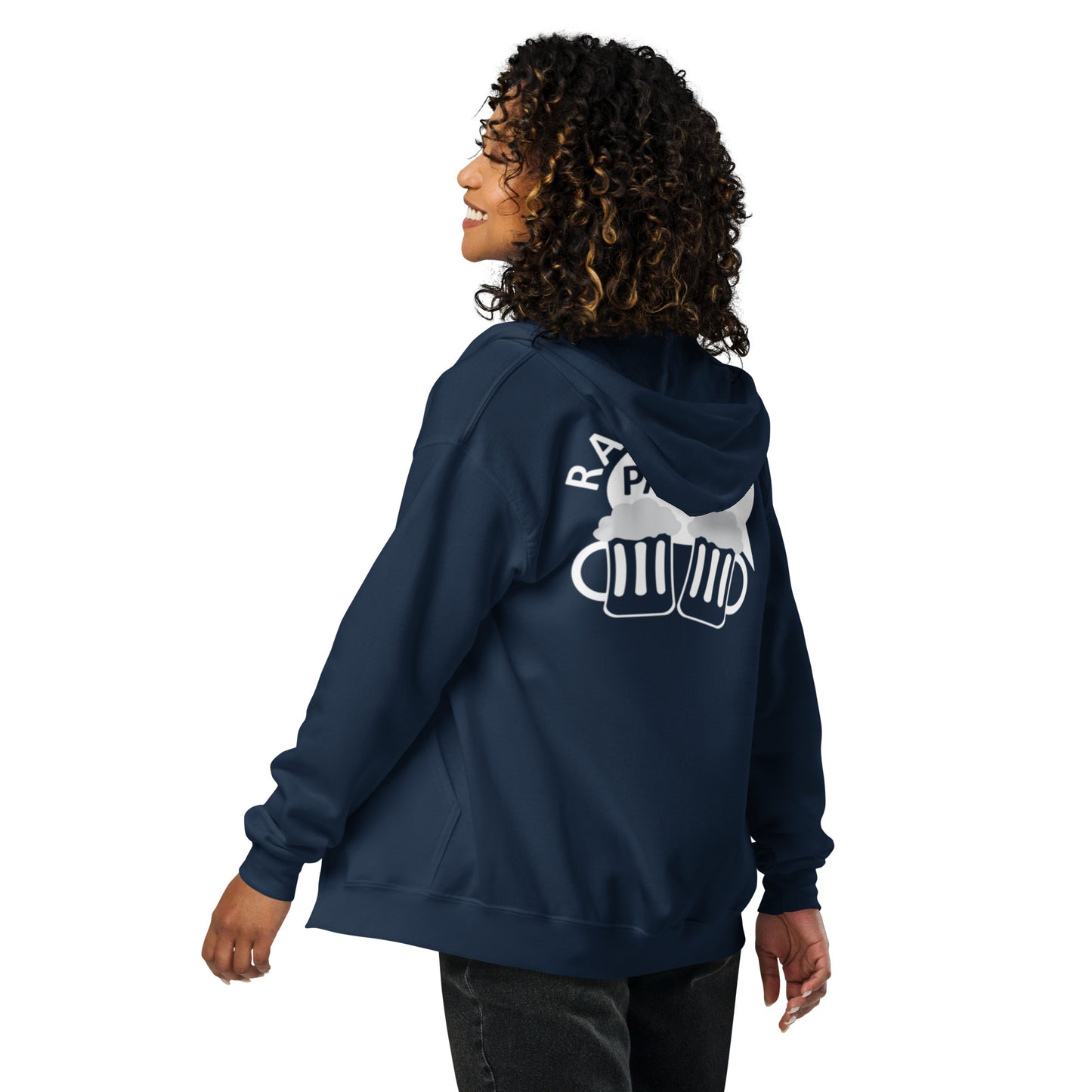 „Rajamäken Palaveri“ Unisex-Hoodie mit Reißverschluss (Brust + Rücken)