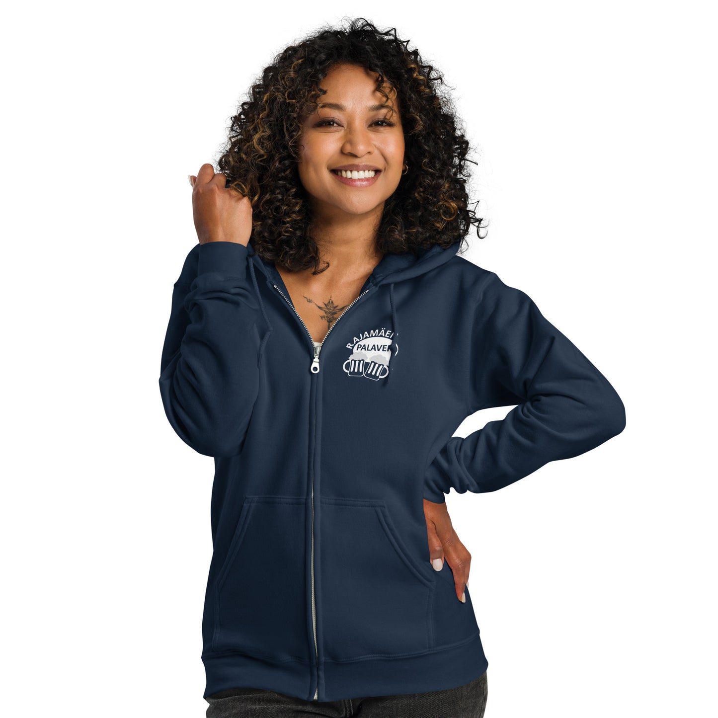 „Rajamäken Palaveri“ Unisex-Hoodie mit Reißverschluss (Brust + Rücken)