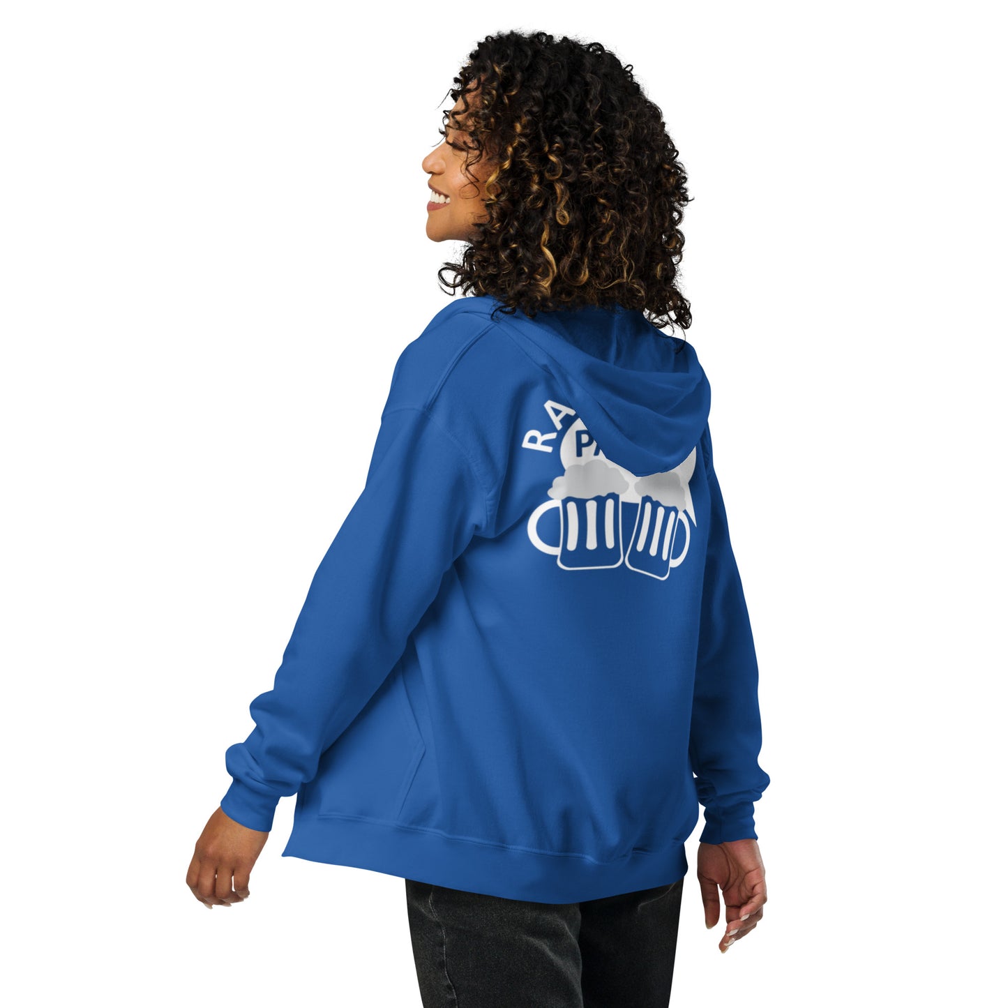 „Rajamäken Palaveri“ Unisex-Hoodie mit Reißverschluss (Brust + Rücken)