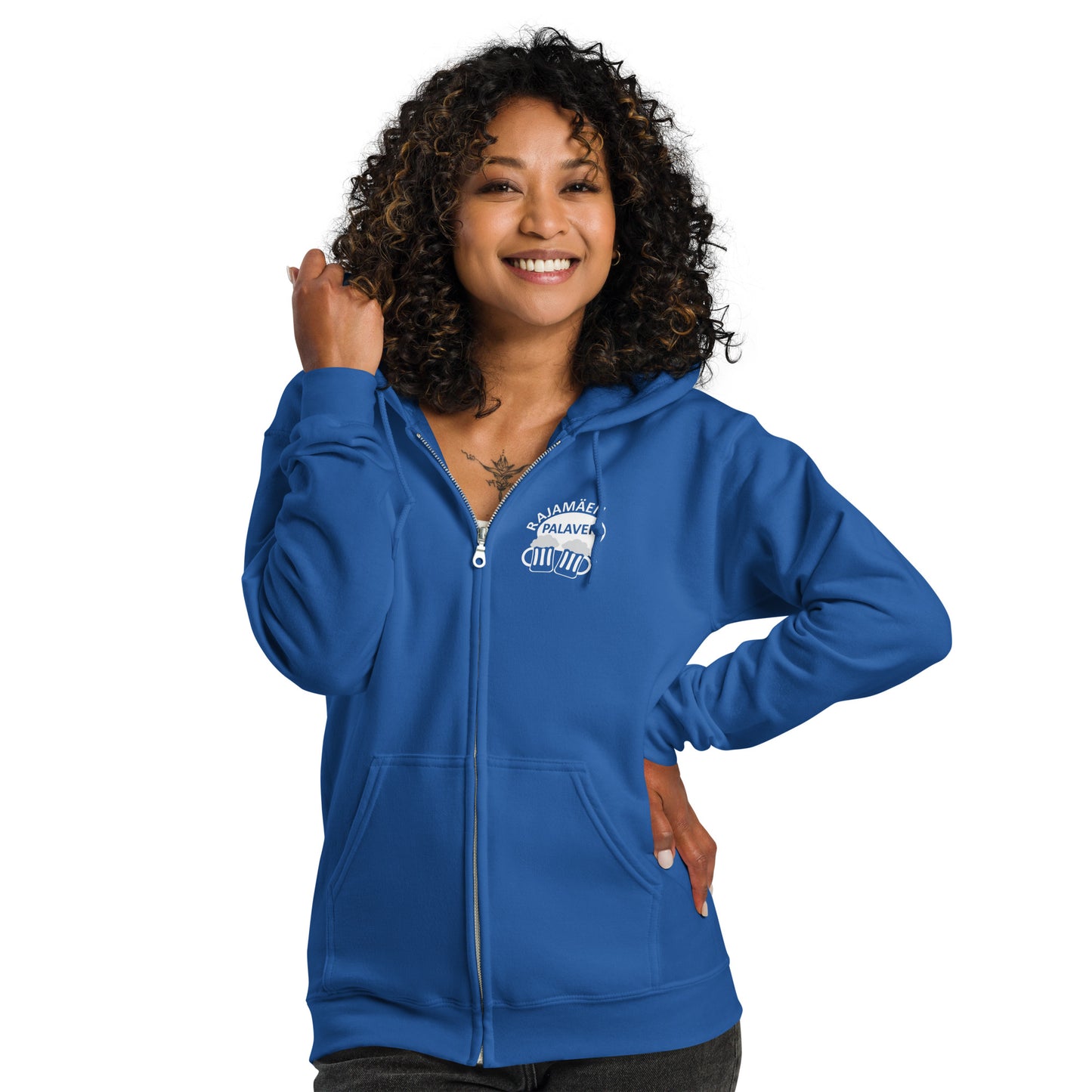 „Rajamäken Palaveri“ Unisex-Hoodie mit Reißverschluss (Brust + Rücken)