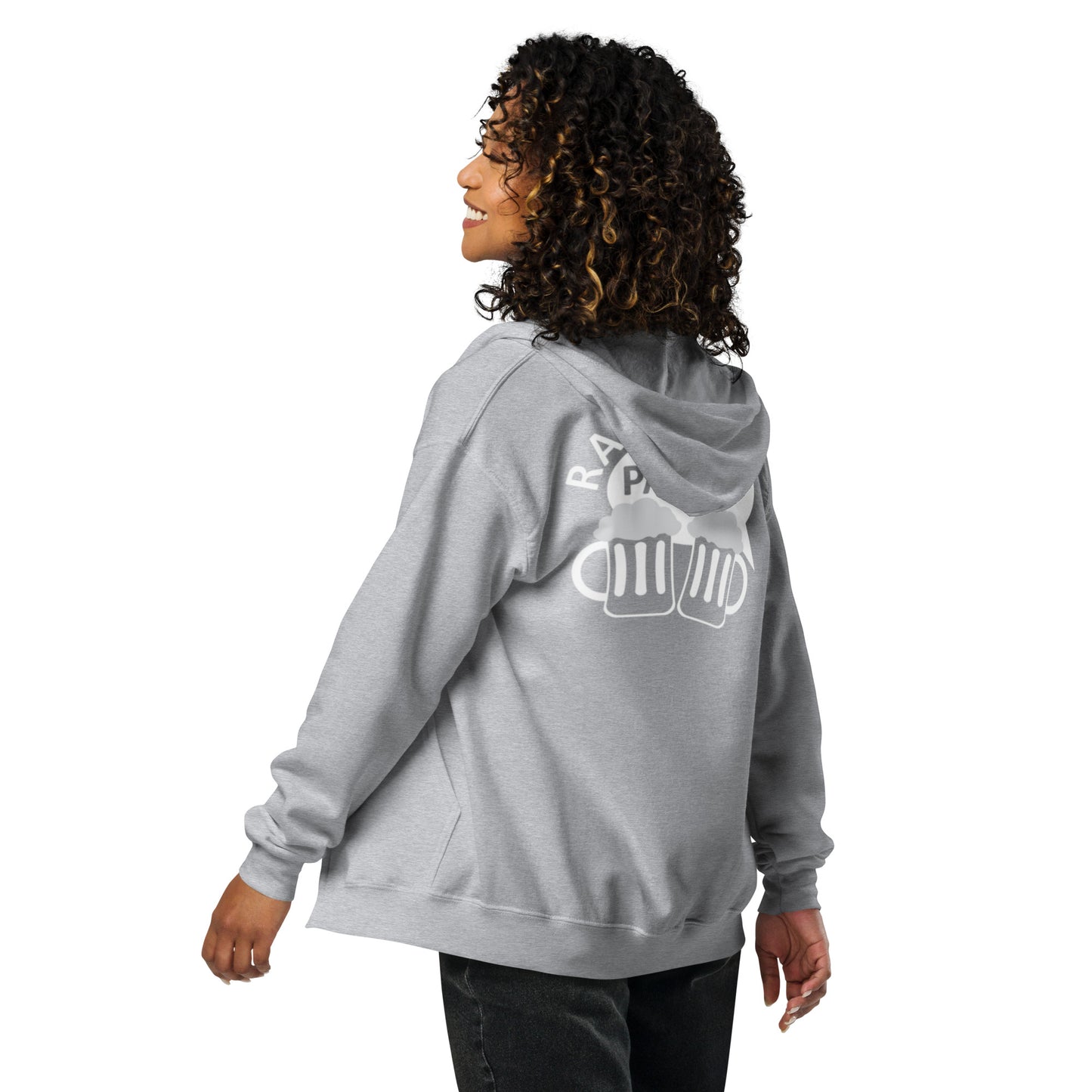 „Rajamäken Palaveri“ Unisex-Hoodie mit Reißverschluss (Brust + Rücken)