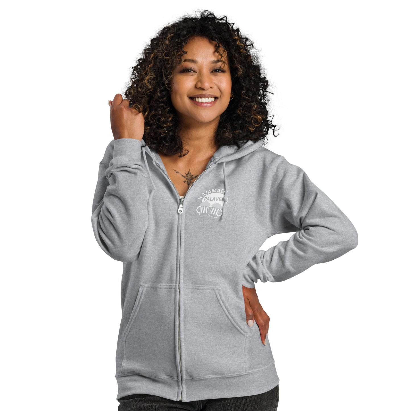 „Rajamäken Palaveri“ Unisex-Hoodie mit Reißverschluss (Brust + Rücken)