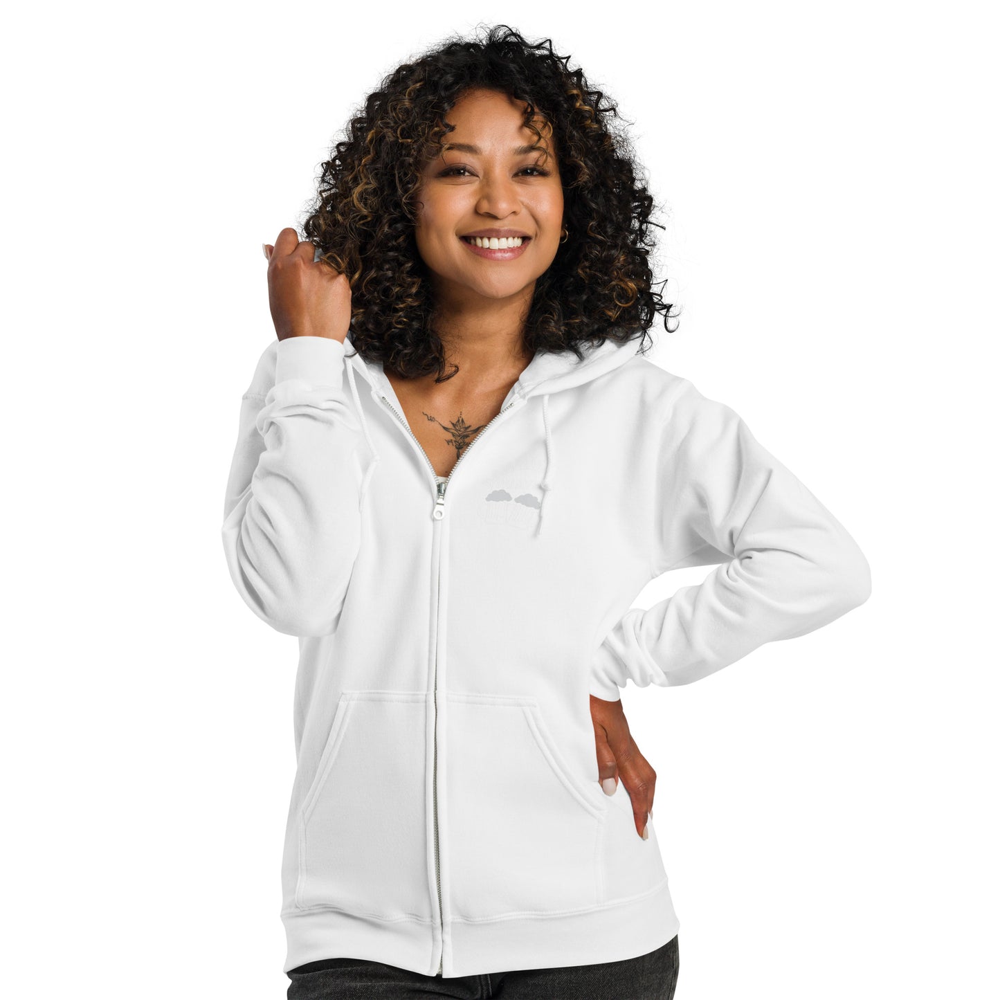 „Rajamäken Palaveri“ Unisex-Hoodie mit Reißverschluss (Brust + Rücken)