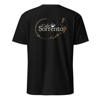 "Cafe Sorrento" unisex t-paita (logo rinnassa + selässä)