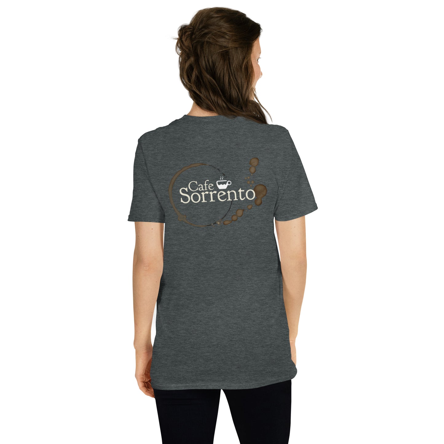 "Cafe Sorrento" unisex t-paita (logo isolla selässä)