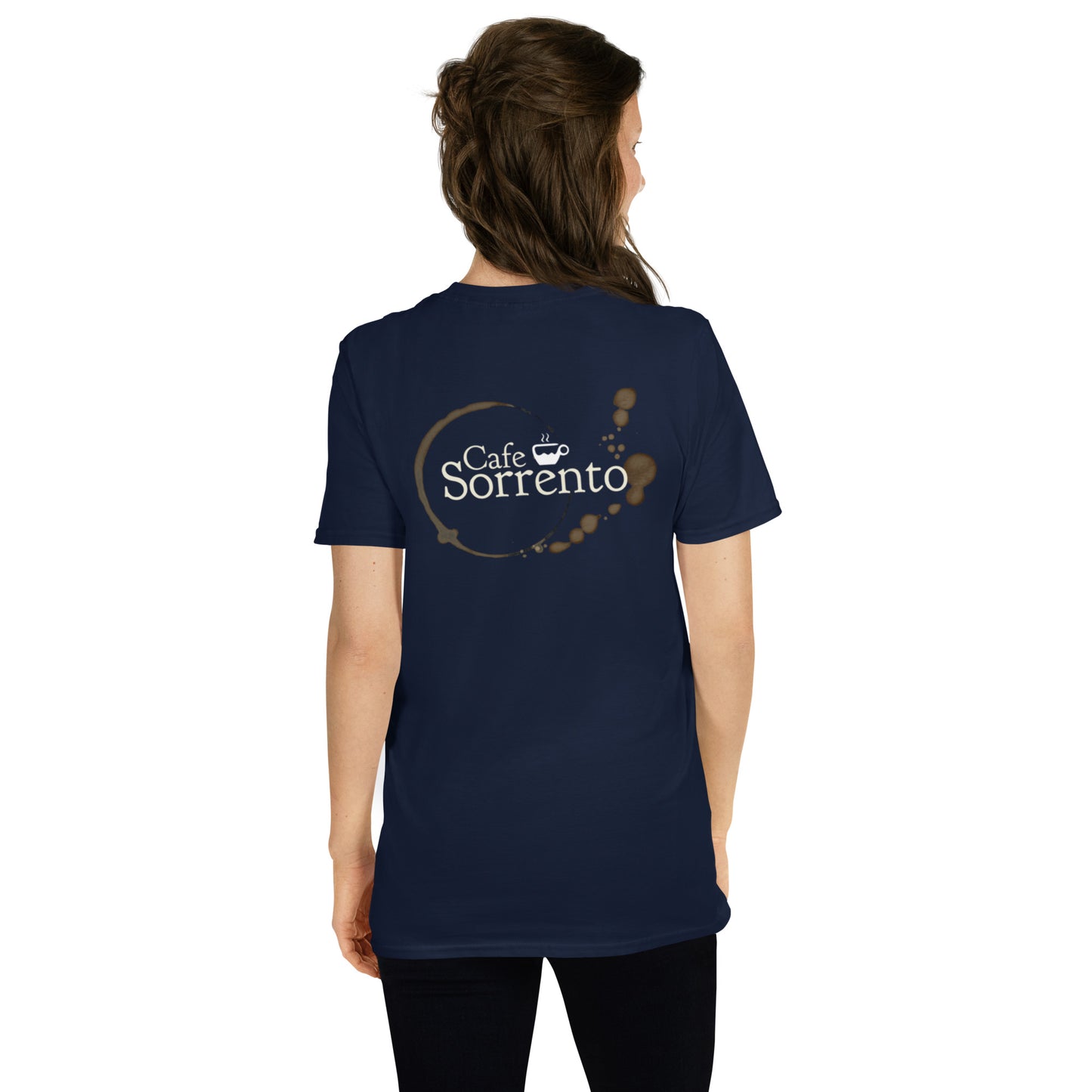 "Cafe Sorrento" unisex t-paita (logo isolla selässä)