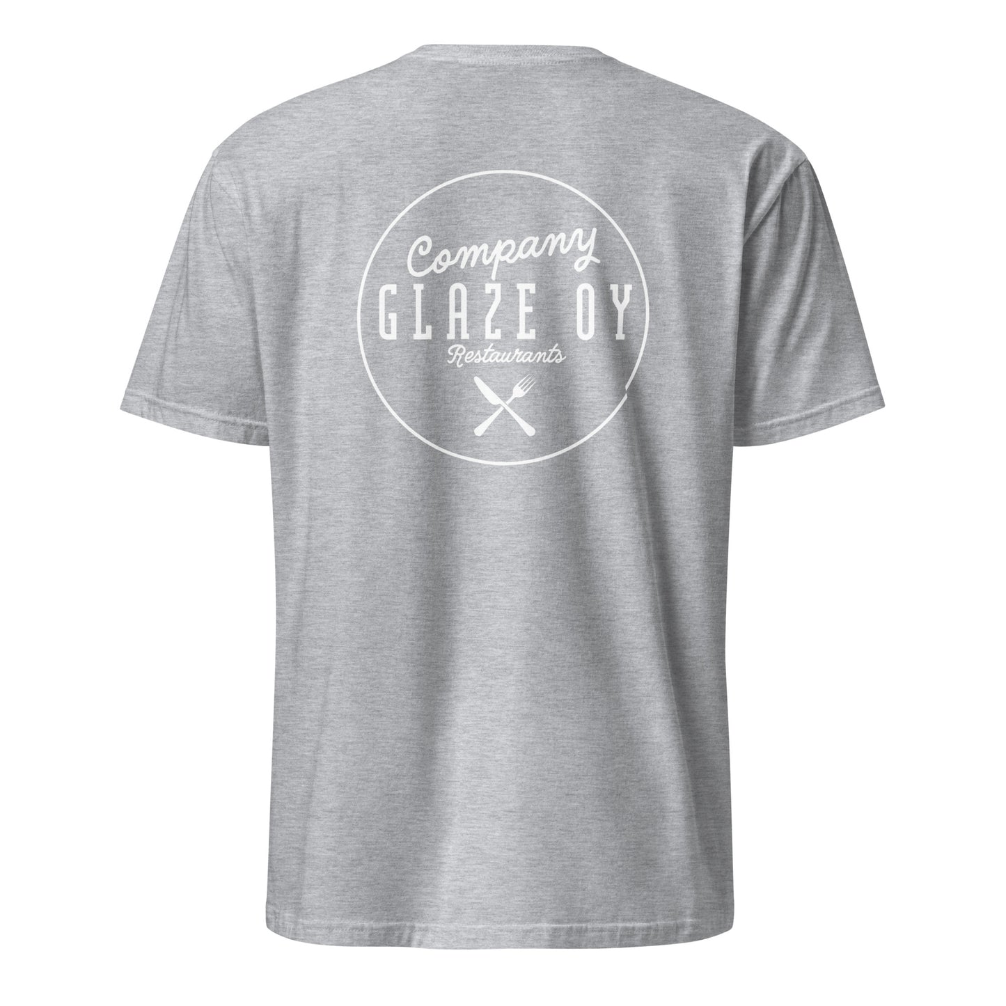 "Company Glaze" unisex t-shirt (white logo, back print) 