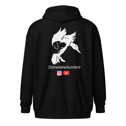 "Stonelake Hunters" Zip Up Hoodie, White Logo (Back Print)