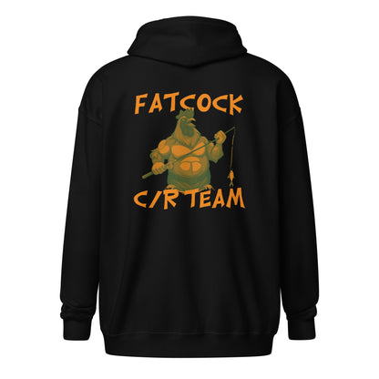 „Fatcock“ Kapuzenpullover mit Reißverschluss, Jägerfarben (Brust + Rückendruck)