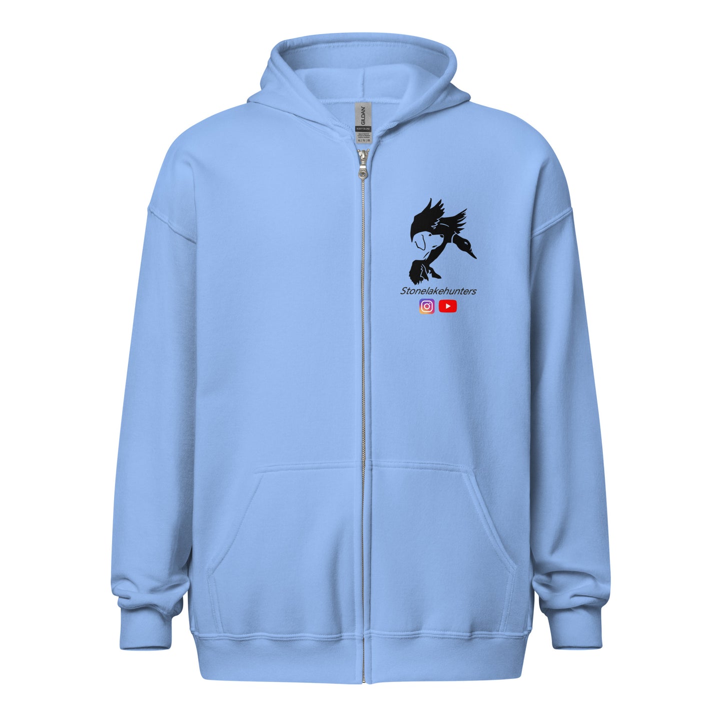 „Stonelake Hunters“ Kapuzenpullover mit Reißverschluss, schwarzes Logo (Brust + Rücken)