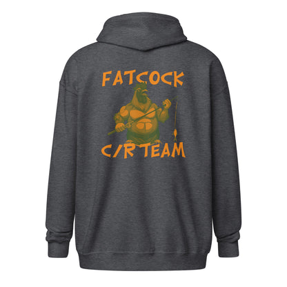 „Fatcock“ Kapuzenpullover mit Reißverschluss, Jägerfarben (Brust + Rückendruck)