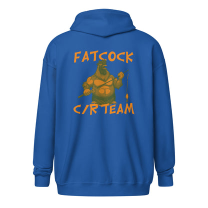 „Fatcock“ Kapuzenpullover mit Reißverschluss, Jägerfarben (Brust + Rückendruck)