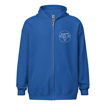 „Company Glaze“ Unisex-Hoodie mit Reißverschluss (weißes Logo)